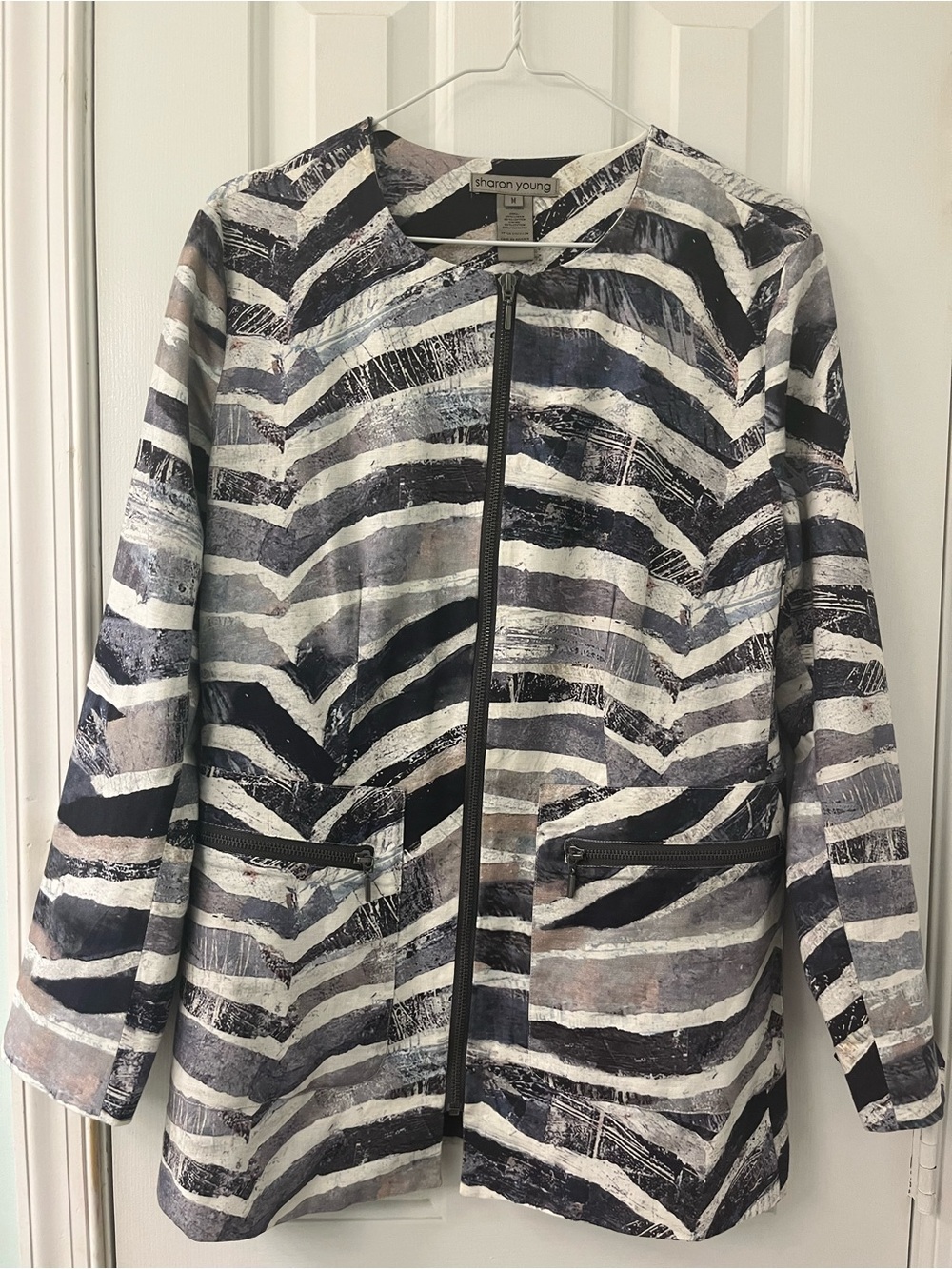 Sharon Young M Abstract Striped Zip-Front Jacket in Black, White & Gray